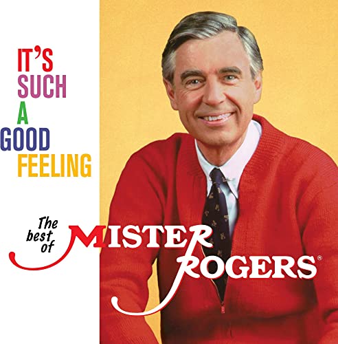 Mister Rogers smiles on album cover with red and yellow text.