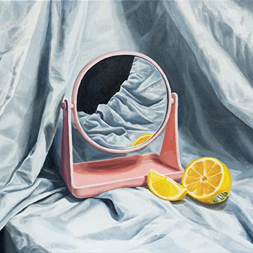 Painted image of a pink vanity mirror with lemons and draped fabric.