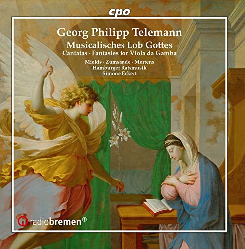 CD cover: angel presenting lilies to a praying woman, Baroque style.