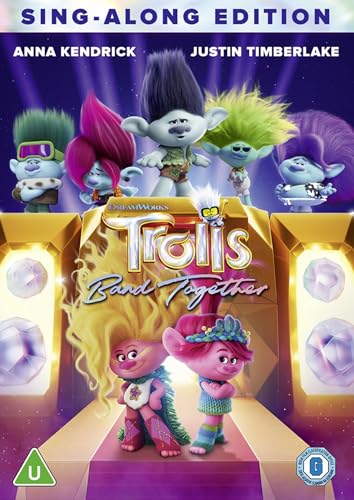 Trolls Band Together" DVD cover featuring colorful troll characters and musical notes.
