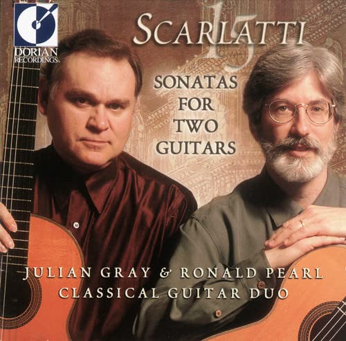 CD cover featuring two men with guitars, text āScarlatti Sonatas for Two Guitarsā.