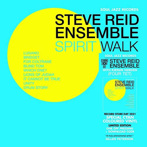 Album cover for Steve Reid Ensemble’s “Spirit Walk” with yellow and cyan design.