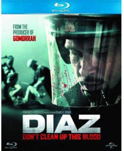 Blu-ray cover for "Diaz," showing a riot policeman with blood splatters.