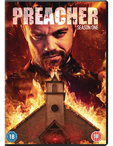 “Preacher” Season 1 DVD cover with a man’s face and burning church.