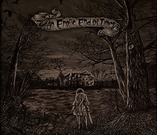 Dark sketch of a house, a child, and trees with flying birds.