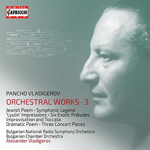CD cover featuring a portrait of composer Pancho Vladigerov and abstract graphics.