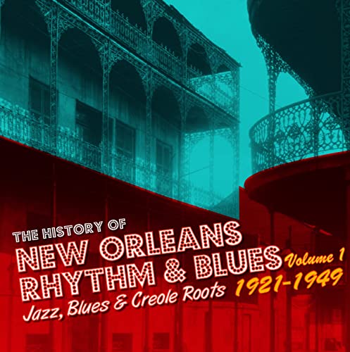 CD cover: ornate building, red background, text “The History of New Orleans Rhythm & Blues”.