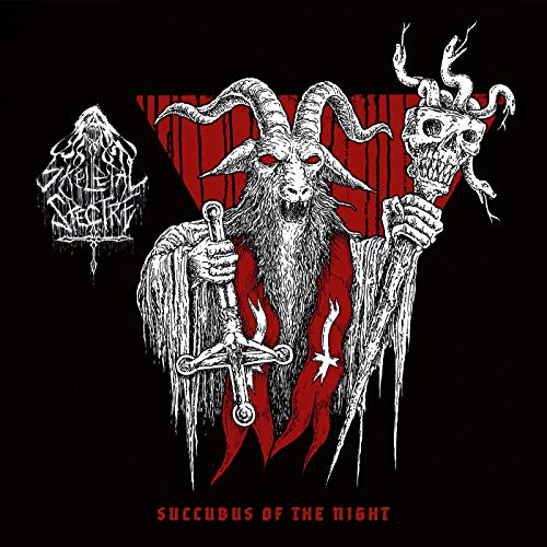 Black and white illustration of a horned goat figure holding an inverted cross staff.