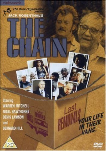 DVD cover for The Chain featuring a cardboard box filled with photos of actors.