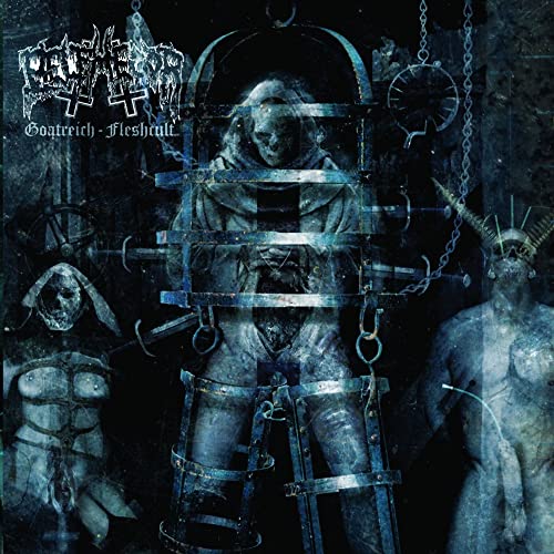 Dark, disturbing album cover featuring figures in cages and spiked masks.