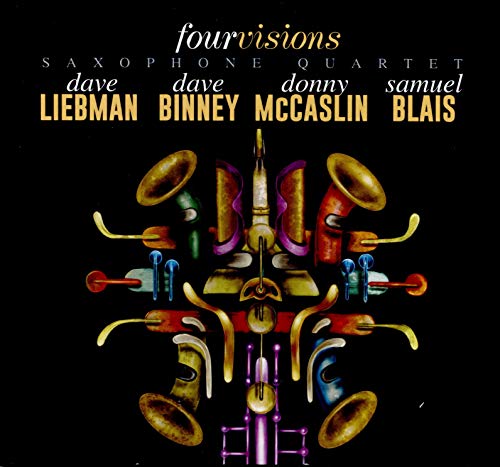 CD cover for Fourvisions Saxophone Quartet, featuring colorful saxophone illustrations.