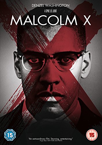 DVD cover for "Malcolm X" starring Denzel Washington, with red graphic overlay.