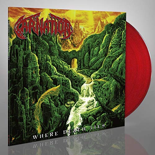 Album cover for "Where Death Lies" with red vinyl record side view.
