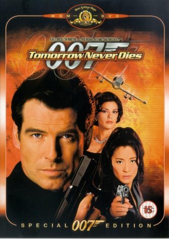DVD cover for "Tomorrow Never Dies" featuring Pierce Brosnan and Michelle Yeoh.