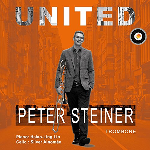 CD cover: Peter Steiner with trombone, orange background, city scene.