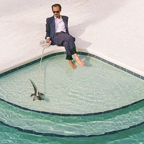 Man in suit sits by a pool with a visible shark.