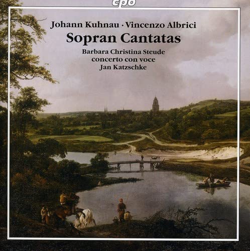 CD cover: landscape painting with figures by a river and bridge.