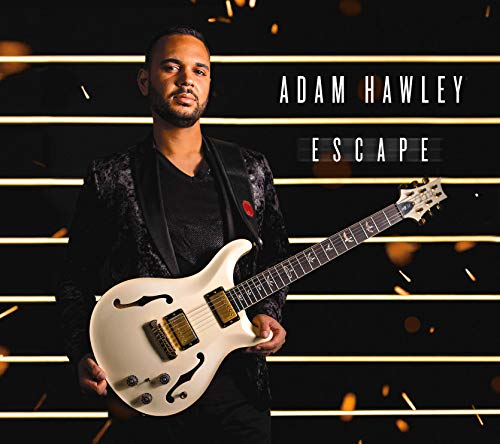 Adam Hawley holding a light-colored electric guitar, album cover.