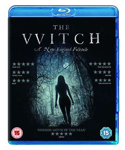 Blu-ray cover for "The Witch" featuring a silhouetted figure in a dark forest.