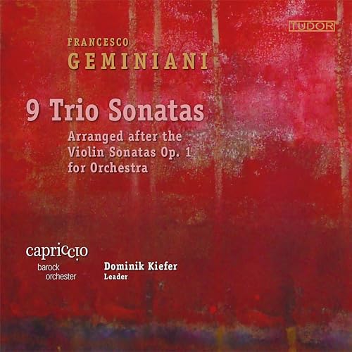 Red CD cover for Francesco Geminiani’s “9 Trio Sonatas” by Capriccio Barockorchester.