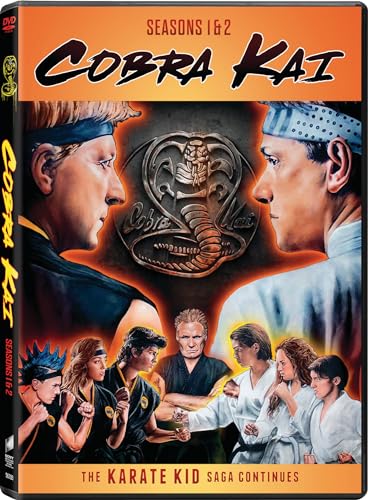 Cobra Kai Seasons 1 and 2 DVD cover featuring cast members and cobra logo.
