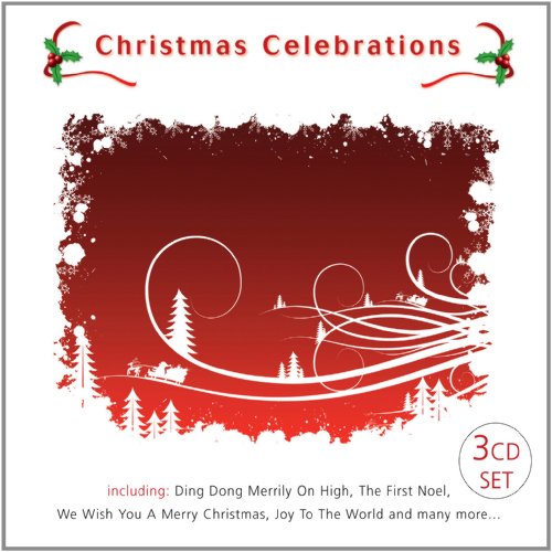Red Christmas CD cover with snowy border, trees, and festive swirls.
