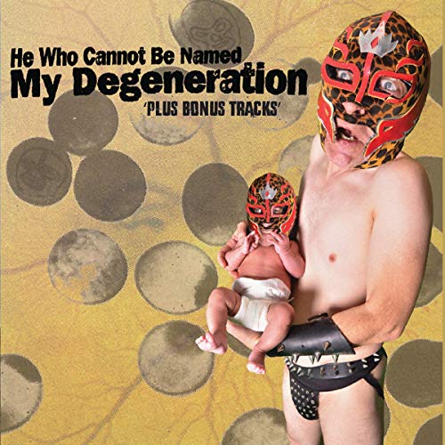 A shirtless man and a baby both wearing leopard-print wrestling masks against patterned background.
