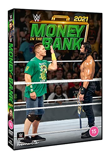 WWE Money in the Bank 2021 DVD cover featuring John Cena and Roman Reigns.