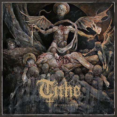 Dark, disturbing album cover with grotesque figures and the band’s name “Tithe”.