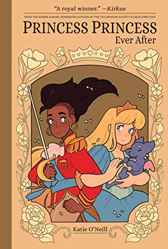 Book cover: two princesses with a small dragon, floral background.