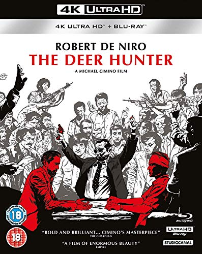The Deer Hunter" Blu-ray cover with illustrated figures and red text.