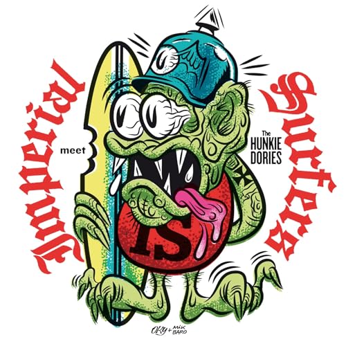 Cartoon monster with surfboard, album cover for The Imperial Surfers.