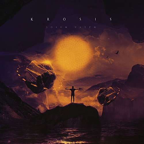 Album cover: silhouette with outstretched arms under a radiant sun and floating rocks.