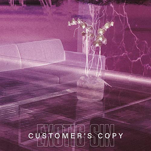 Purple marbled background with a white bench, flowers, and text: “Exotic Sin”.