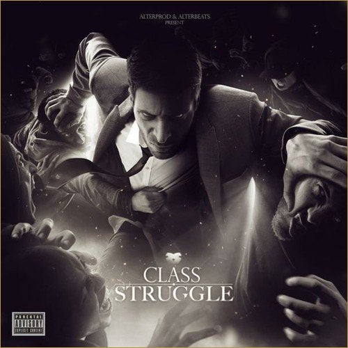 Dramatic album cover depicting a man in a suit amidst a chaotic struggle.