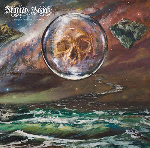 Album cover: skull in a sphere over stormy seas and mountains.