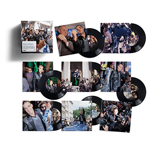 Robbie Williams album "Life Thru A Lens" vinyl records and photo prints.