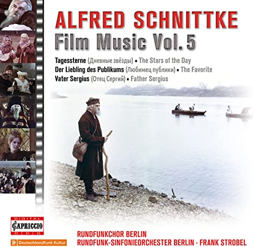 CD cover for Alfred Schnittke’s “Film Music Vol. 5” featuring a man with a staff.