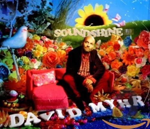 A man sits on a red sofa surrounded by colorful flowers and a sunflower.