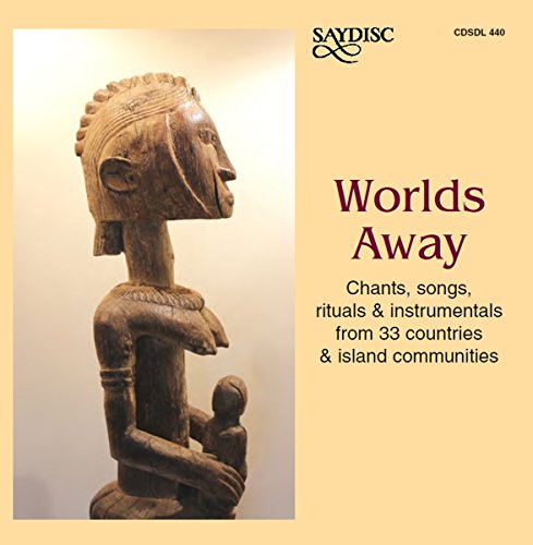 CD cover featuring a carved wooden figure and text “Worlds Away”.