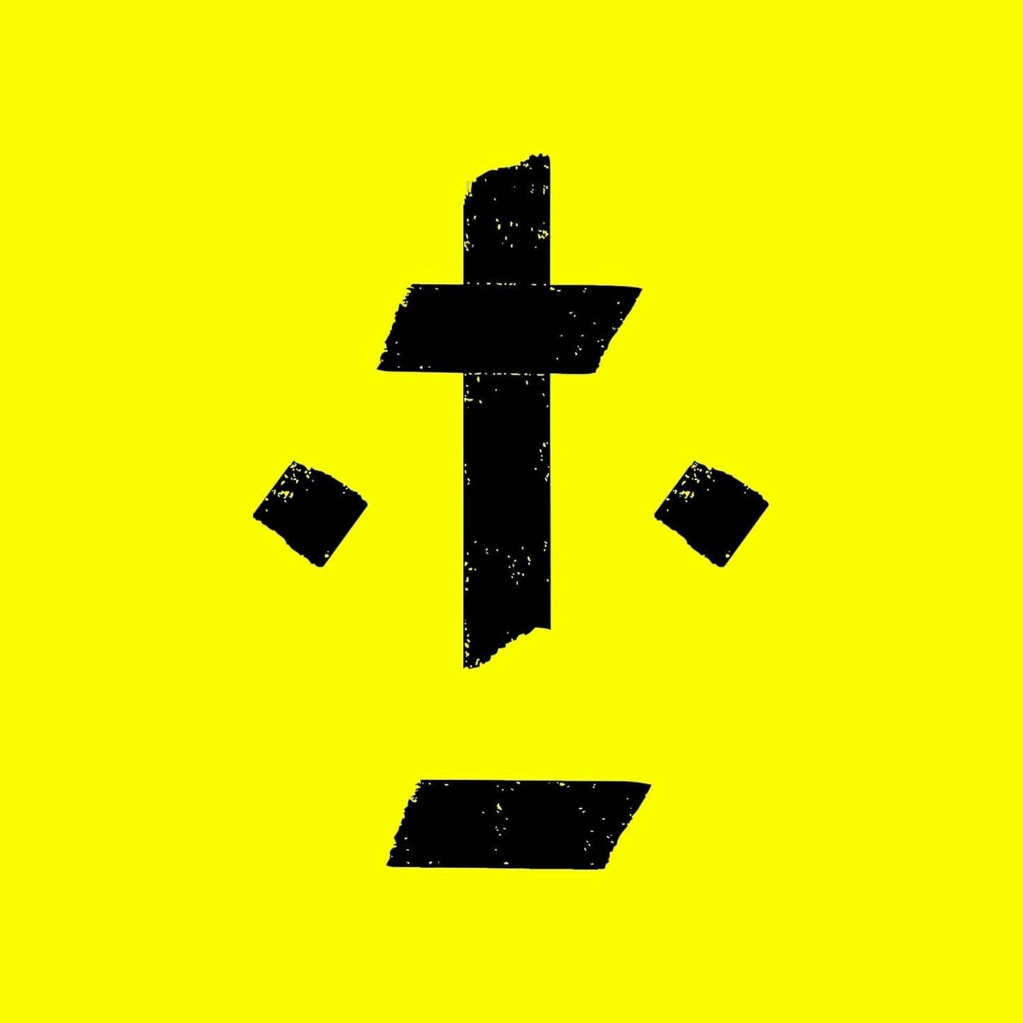 Black cross and geometric shapes on a bright yellow background.