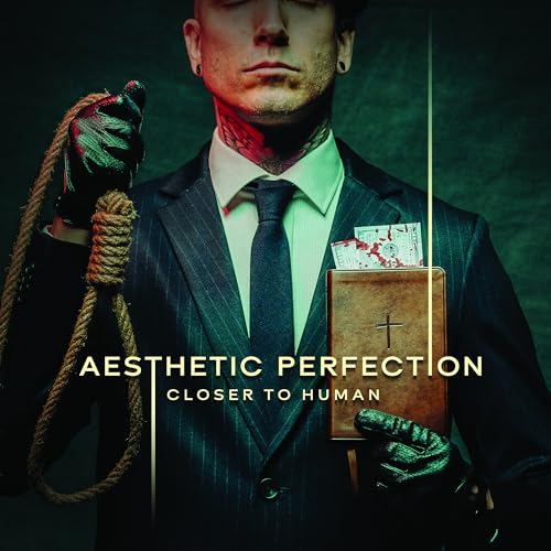 Man in suit with rope, book, and cards, dark aesthetic.