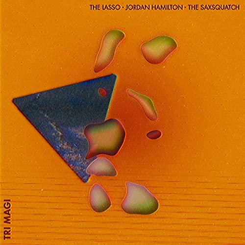 Album cover with an orange background, a blue triangle, and floating abstract shapes.