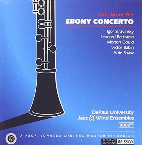 CD cover featuring a clarinet against a blue background, text details composers and ensembles.