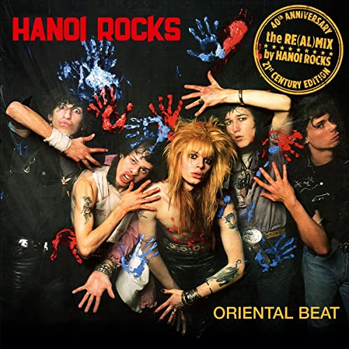 Hanoi Rocks album cover, "Oriental Beat," featuring band members and handprints.