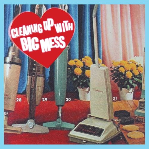 Vintage vacuum cleaners and yellow flowers with a red heart graphic.
