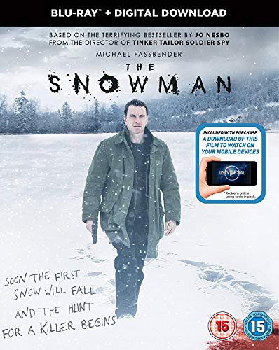 Blu-ray cover for "The Snowman" featuring Michael Fassbender in a snowy landscape.