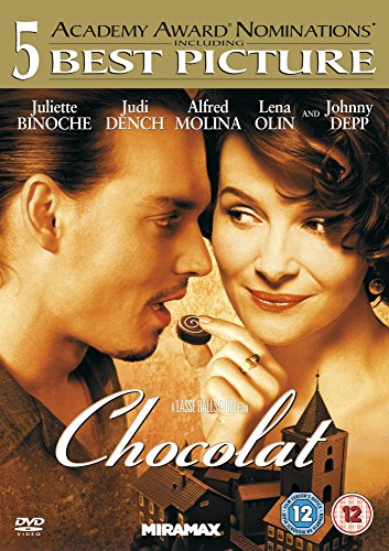 Chocolat" DVD cover featuring Juliette Binoche and Johnny Depp, with a chocolate.
