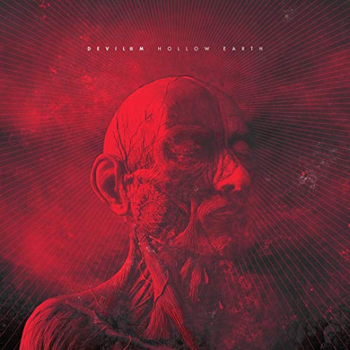 Red album cover featuring a distressed, close-up face with radiating lines.