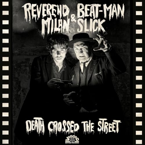 Two men in suits with guns, album cover for "Death Crossed the Street".